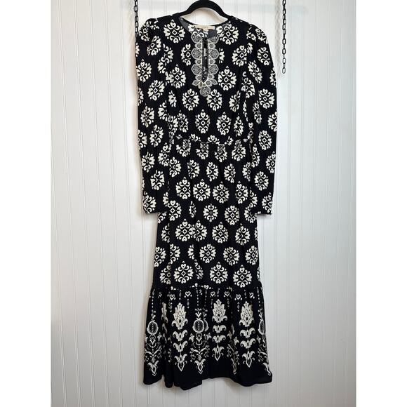 LOFT Ann Taylor Black & White Floral Tiered Midi Dress Long Sleeve Casual Size S - Picture 2 of 8